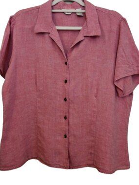 J. Jill 100% Linen Soft Red Collared Short Sleeve Button Down Blouse Size Large